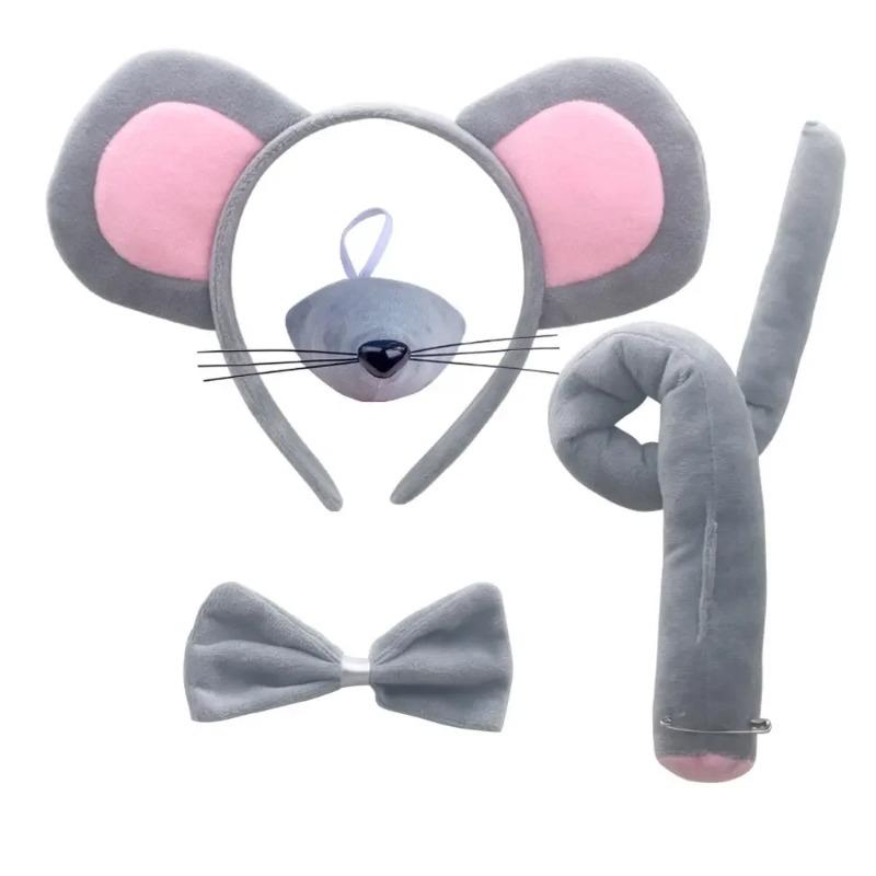 Muis Kostuum Set Oren Hoofdband Neus Staart en Strik Dieren Verkleedset Feest Accessoires Halloween Verjaardag gray