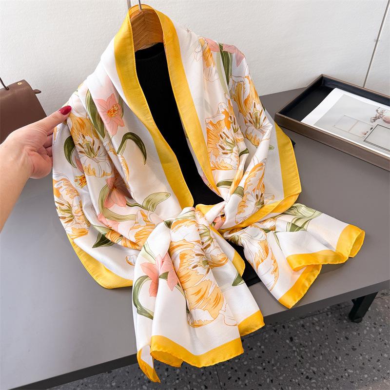 Korean Version Of Flower Simulation Silk New Silk Satin Fashion Sunscreen Spring And Summer Style Silk Scarf Long Scarf Shawl Versatile Scarf