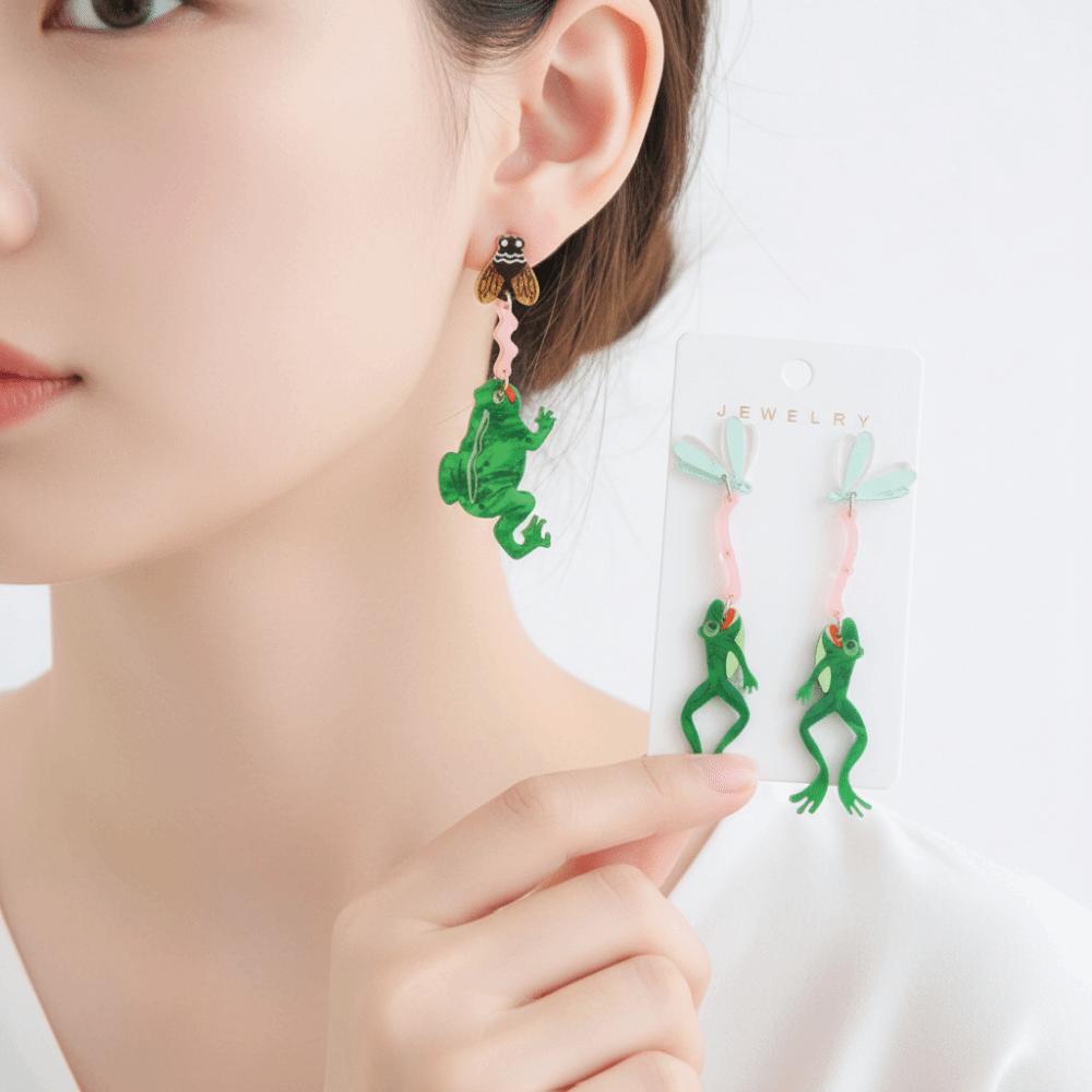 Exaggerated Eating Flies Frog Acrylic Earrings Mosquitoes Long Dangle Earring Funny