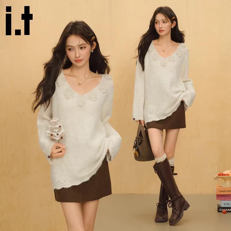 CHOCOOLATEit Women s 3D Floral V-Neck Pullover Sweater One Size