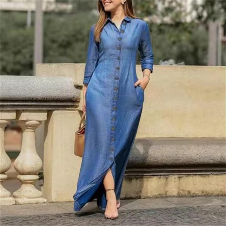 Women Casual Denim Shirt Dress Long Sleeve Button Down Collar Flip Tie Pocket Long Skirt Comfortable New Fashion Autumn