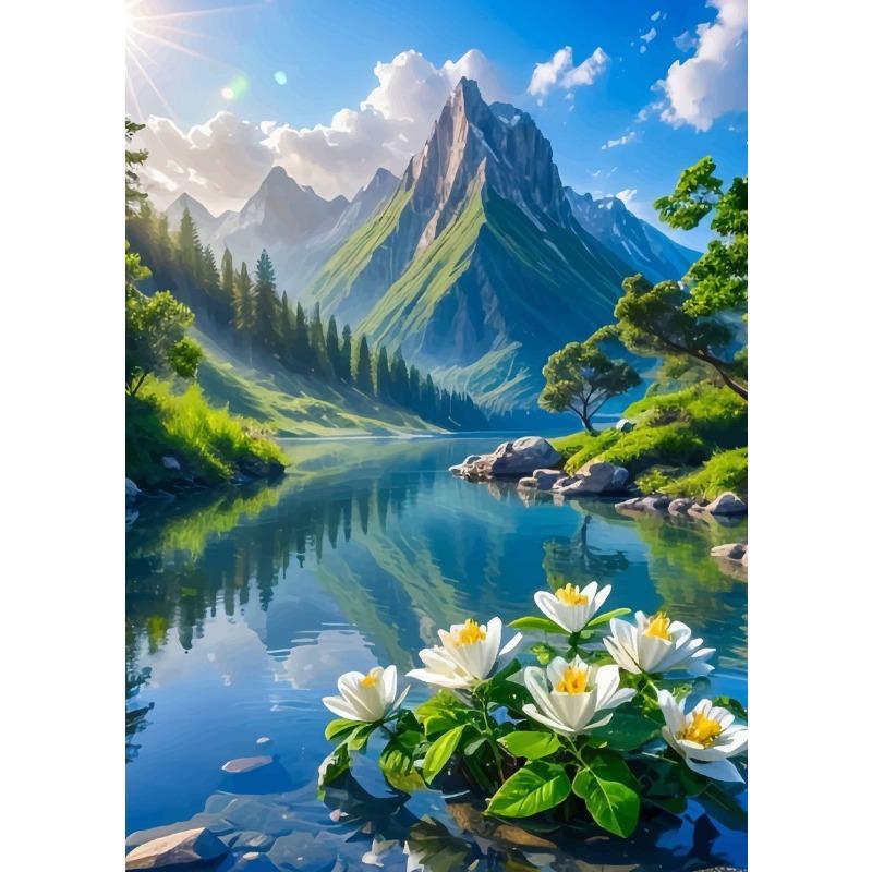 Peisaj Natural Pădure Floare Colibă Pârâu Cascadă Copaci Vedere Munte Poster Pictură pe Pânză Artă de Perete Imagini Decor Acasă