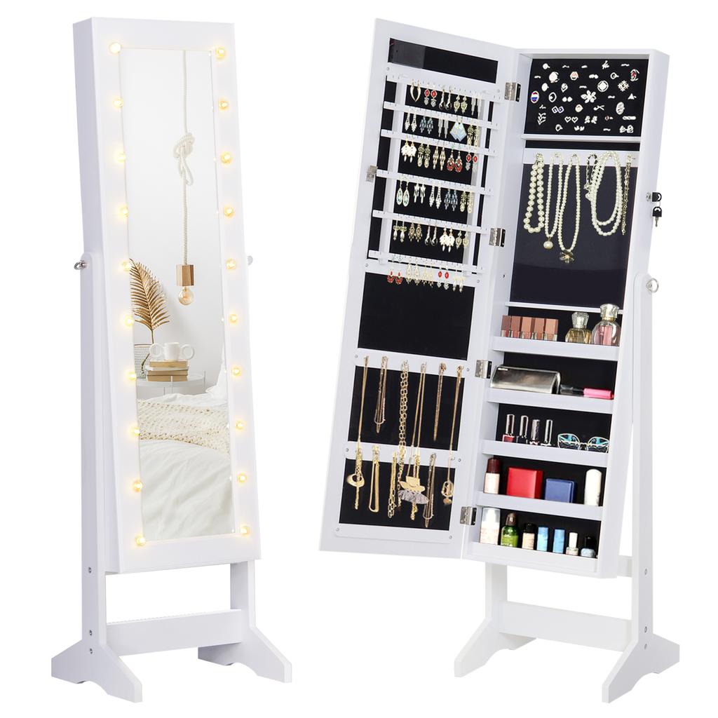 Jewelry Mirror Cabinet with 20 LED Lights Reclining Jewelry Cabinet with Storage for Rings Earrings Necklaces 40x37x146 Cm White