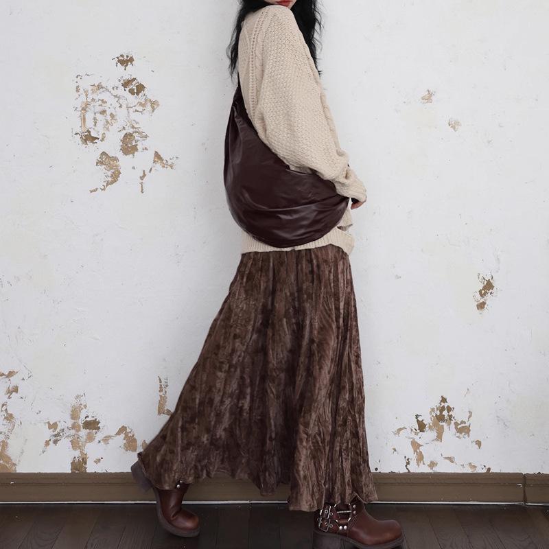 French Retro Pleated Velvet A-Line High Waist Skirt for Women - Spring/Autumn
