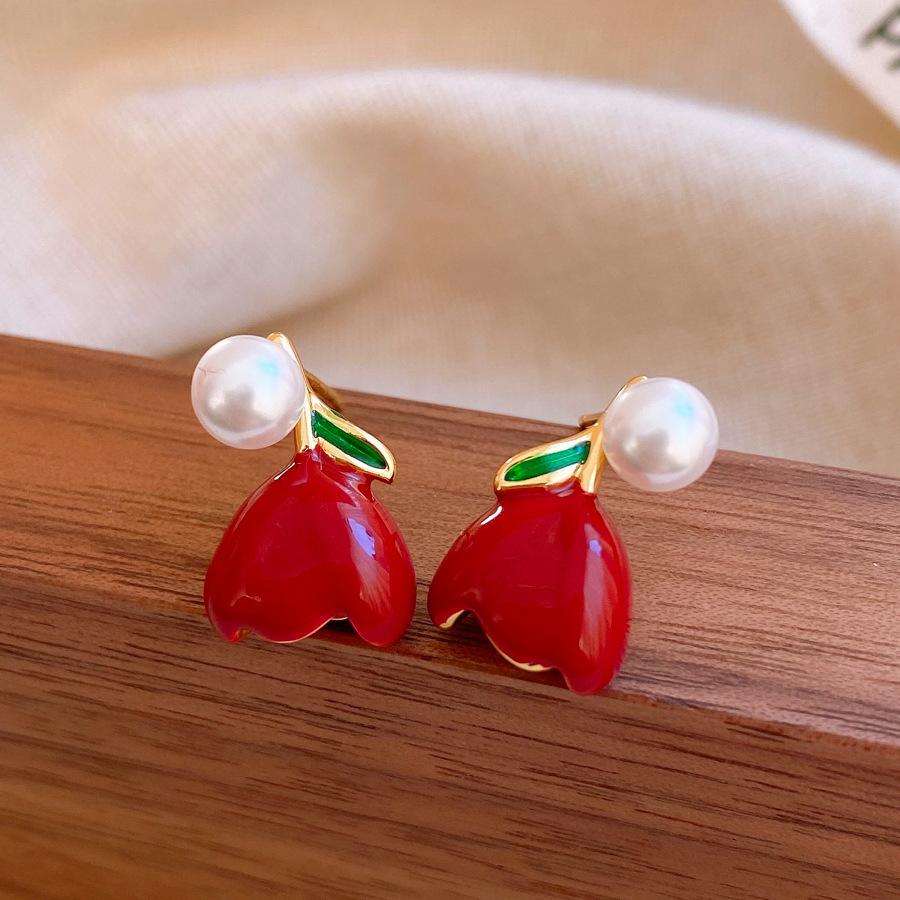 Retro temperament geometric zircon resin cherry stud earrings exquisite earrings women