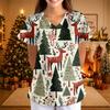 Women's Christmas Print V-Neck Short Sleeve Uniform with Pockets Loose Fit