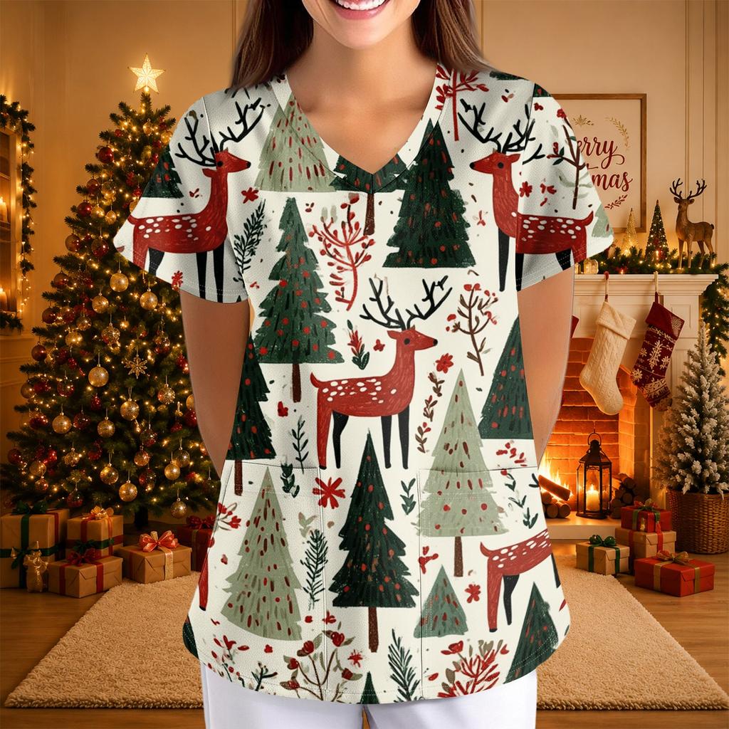 Women's Christmas Print V-Neck Short Sleeve Uniform with Pockets Loose Fit