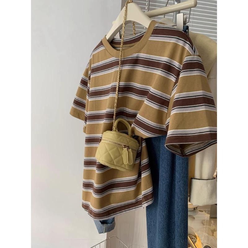 harajuku cartoon embroidery short sleeve T Shirt 2025 Summer fashion stripe T-shirt casual loose Women Clothing young girls white y2k Tops streetwear