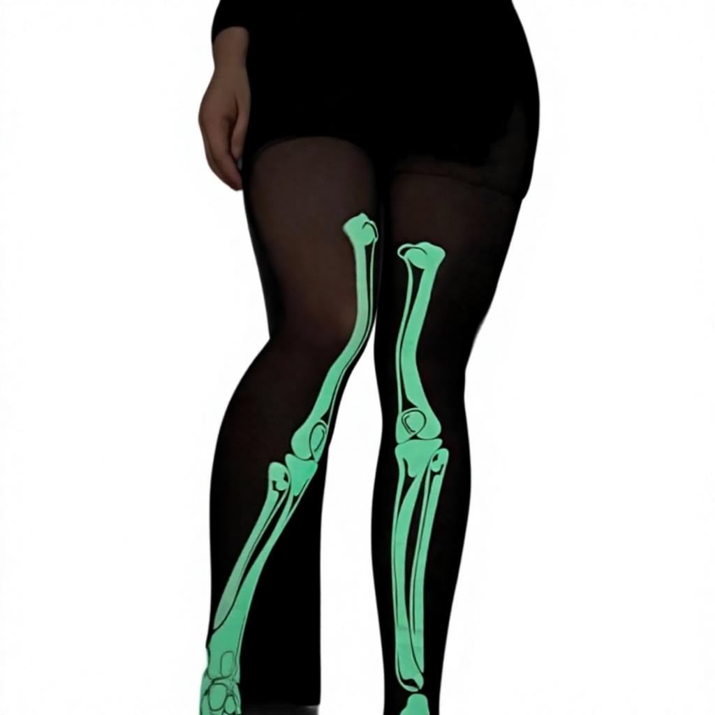 Glow-in-the-Dark White Skull Patterned J-K Style Dance Tights Black Luminous Polyester Terylene Pantyhose Snagging Resistance