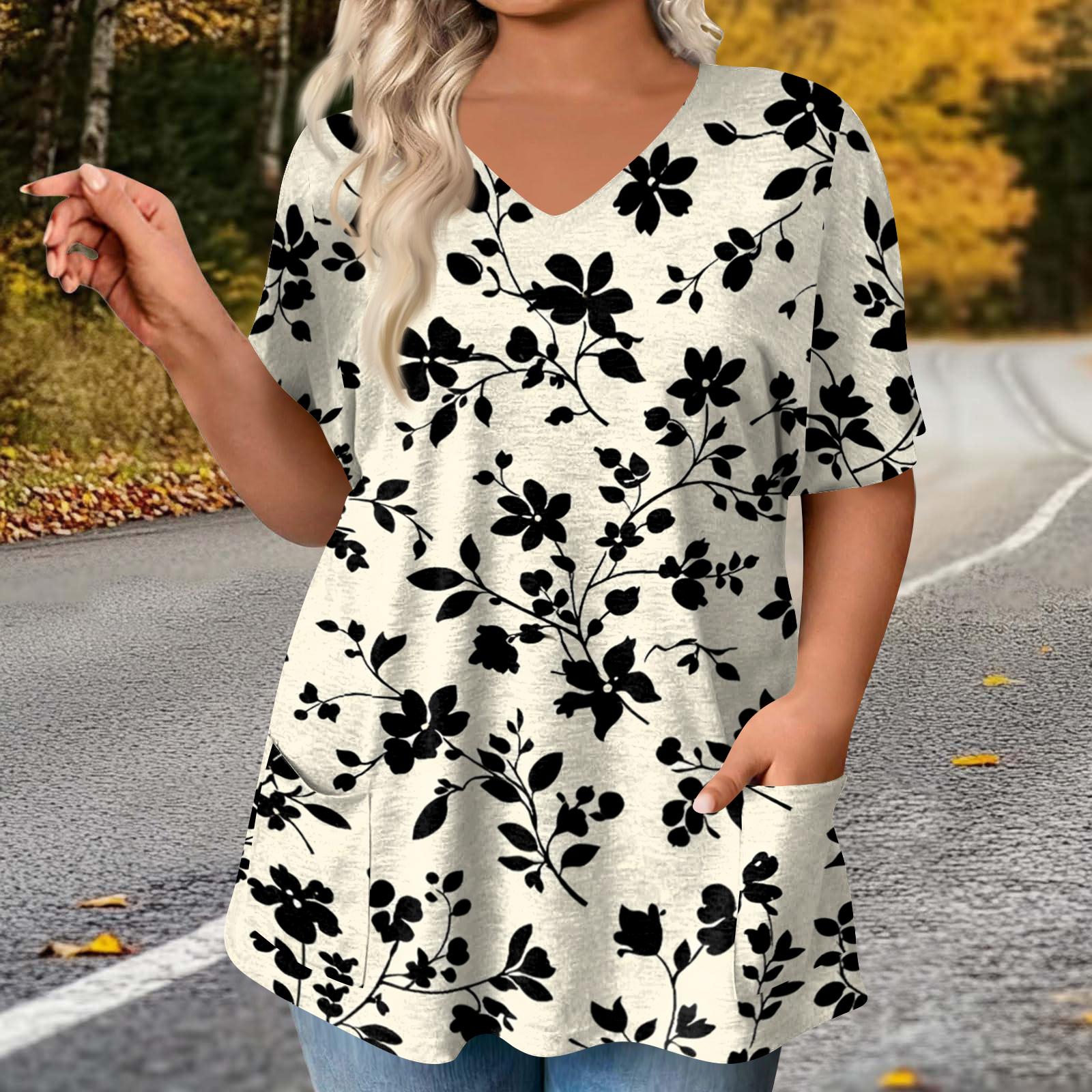 

Womens Spring Tops V Neck Short Sleeve Summer Shirts for Women Floral Print Loose Fit Womens Summer Shirts Dressy Casual Blouse L чёрный