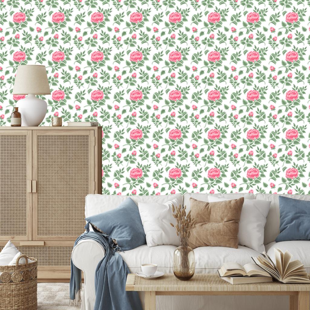 Wallpaper Flowers White, Green and Light Gray for the Living Room and Bedroom 50x1000