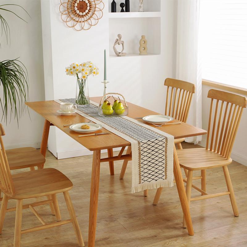 American Cotton Linen Table Runner, Natural Color with Tassels, Stripes, Diamonds, and Plaid Pattern for Dining Table or Sideboard Decoration.