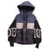 New Trendy Brand Denim Splicing Hooded Down Jacket Women's Knitted Sleeves Letter Flower Thickened White Duck Down Jacket