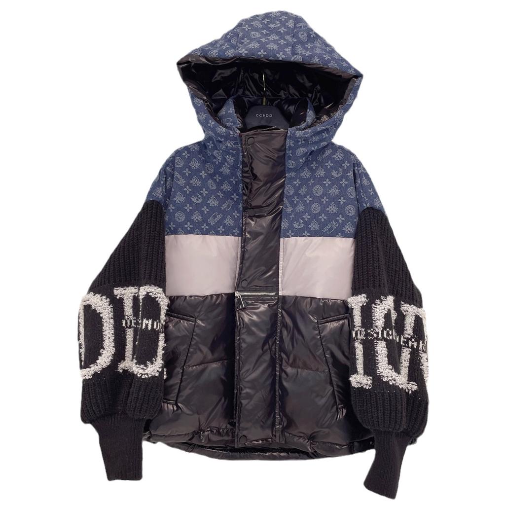 New Trendy Brand Denim Splicing Hooded Down Jacket Women's Knitted Sleeves Letter Flower Thickened White Duck Down Jacket
