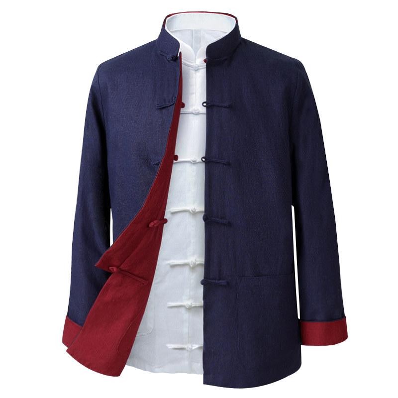Men's Double-Sided Chinese Style Linen Jacket - Retro Cotton Top with Long Sleeves