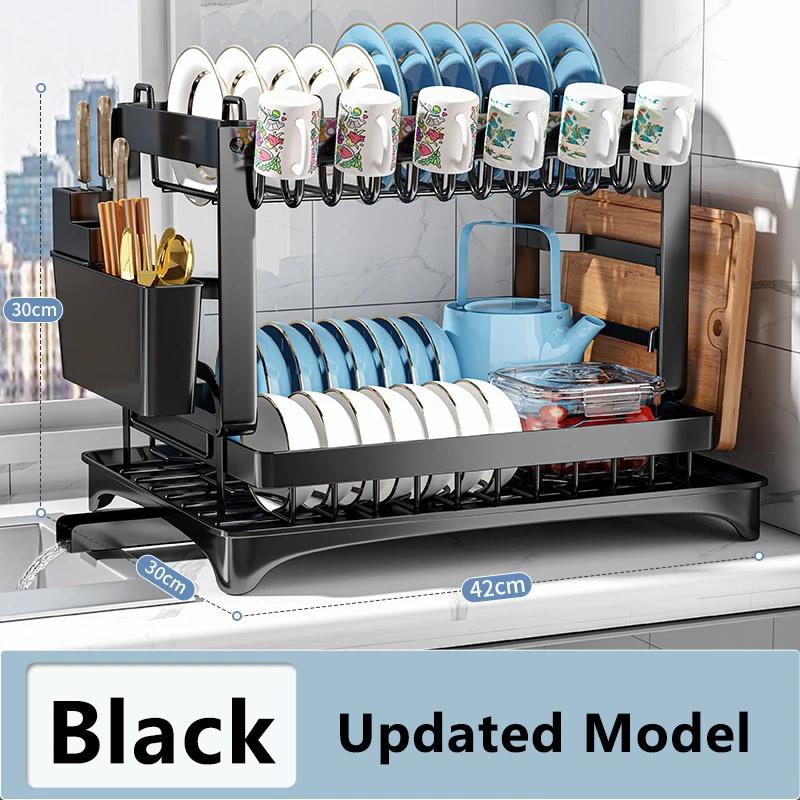 

Double-Layer Kitchen Dish and Bowl Drainer Storage Rack Household Tableware Drying Holder with Chopsticks Knife Fork Cup Stand