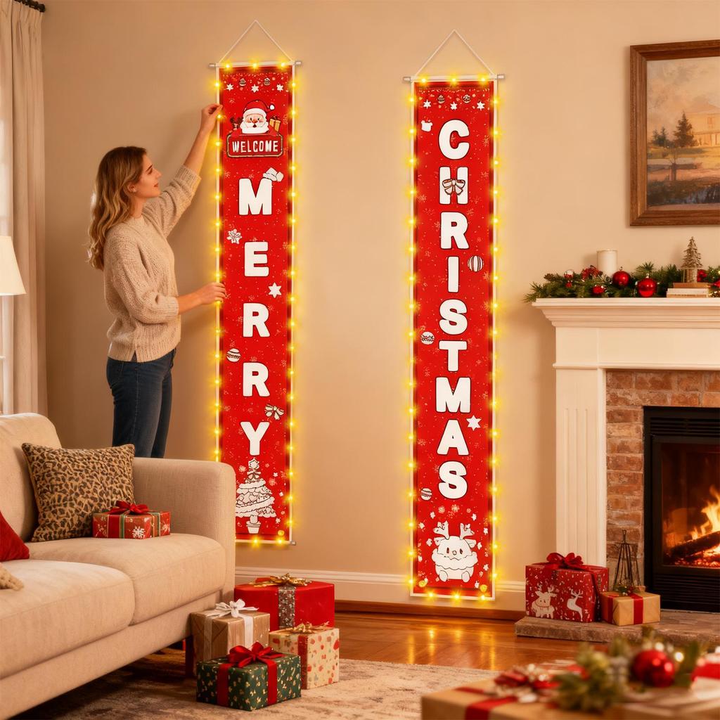 Christmas Door Banner Lighted Festive Decoration Holiday Decoration Garden Banner For Outdoor Indoor Front Door Entrance Yard