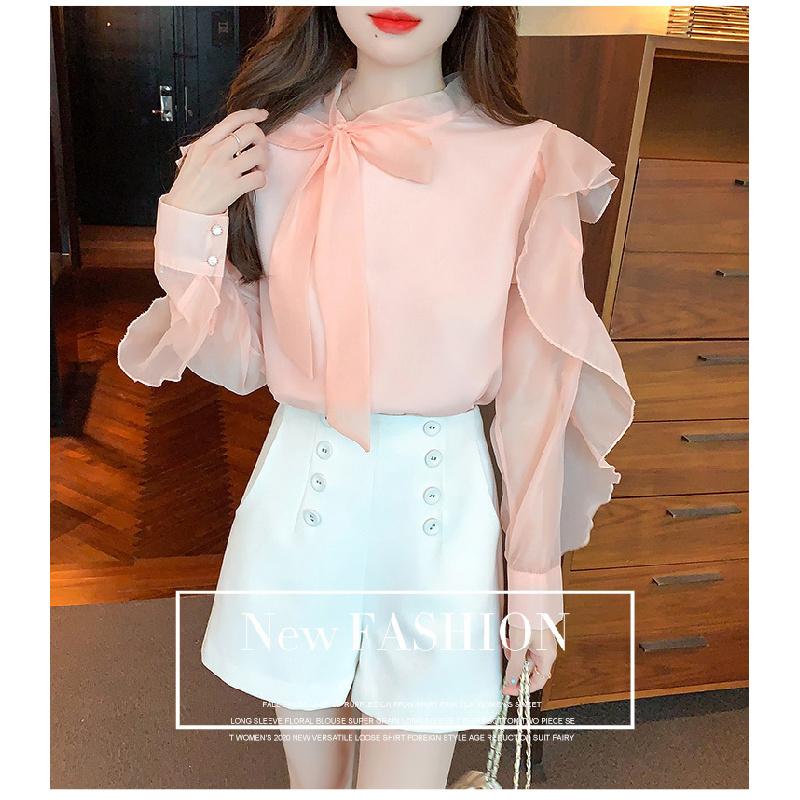 Women's Chiffon Blouse 2026 Spring and Autumn New Fashionable Tie-Neck Ruffle Trim Thin Gentle Style Shirt