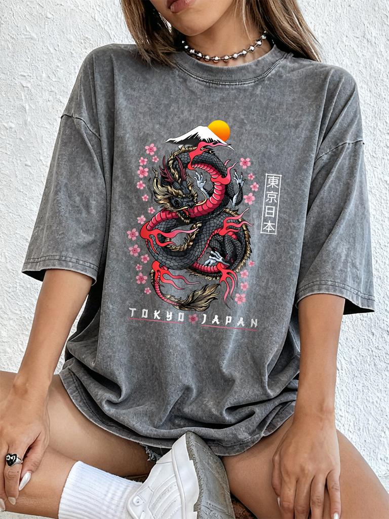 Tokyo Japan Dragon Cotton Washed TShirts Womens Summer Oversized Tops ONeck Comfortable Short Sleeve T Shirt Basic Clothes