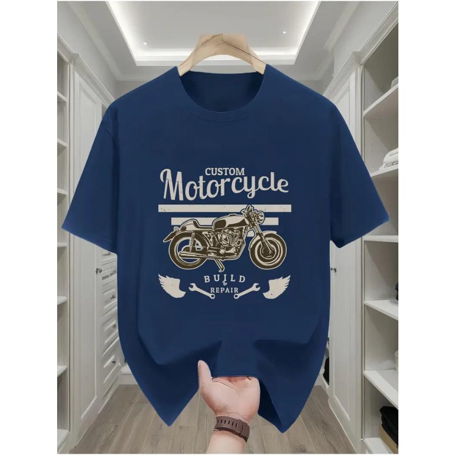 Men's T-Shirt, Casual Crew Neck Tee with Motorcycle Graphic, Geometric Pattern, Short Sleeve Knit Fabric Tops