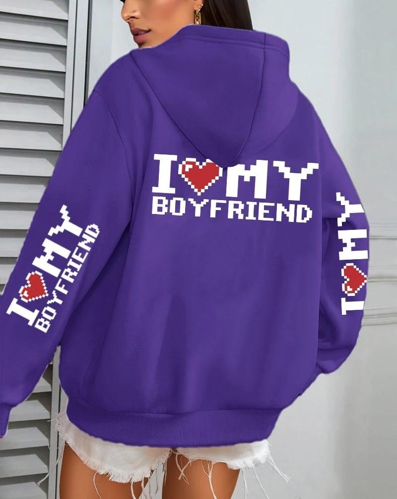 I Love My Boyfriend Printed, Women'S Hoodie Fall Loose Casual Pocket Fleece Pullover