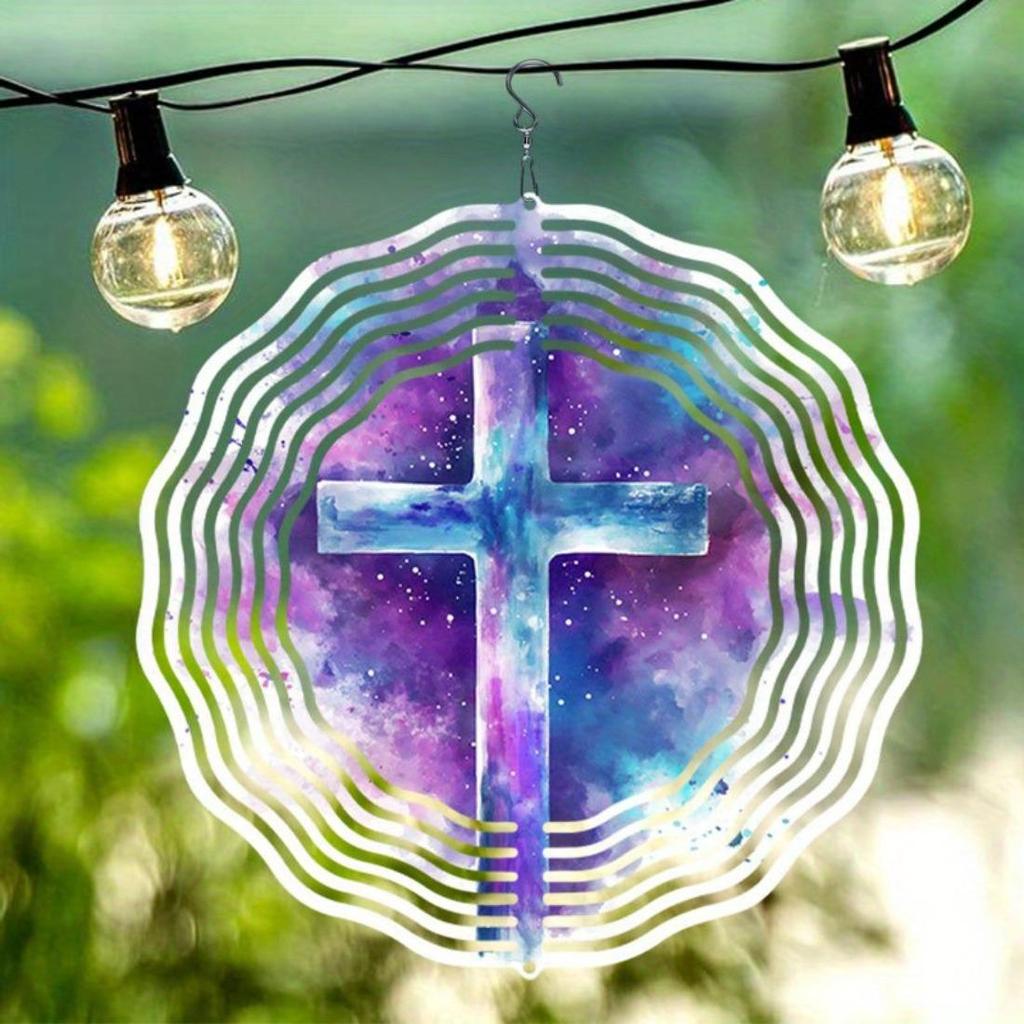 1pc Purple Fantasy Cross Pattern Mandala Wind Chime - Durable Metal, Cosmic Design with Swirling Blue & Purple Hues, Perfect for Garden