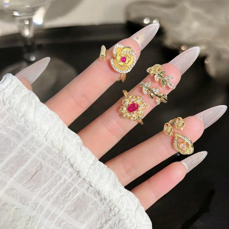 Full Of Diamonds, Zircon Flowers, Leaves, Flower Opening Rings, French Retro Medieval Style, Niche Court Style Rings