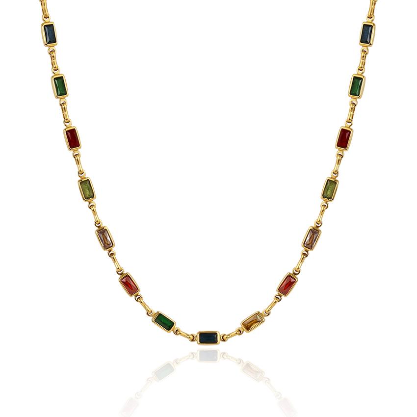 New Arrival Dainty Multi Color Gemstone Layered Necklace Waterproof Jewelry Rectangle Colorful Cubic Zircon Link Chain Necklace