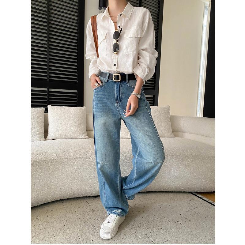 Sinan Spring Retro Washed Deconstructed Straight-Leg Ripped Jeans SN8621 L синий