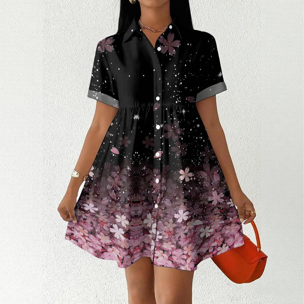 Women Casual Loose Fit Dress Button Front Shirt Dress Short Sleeve Collared Dress Summer Daily Wear