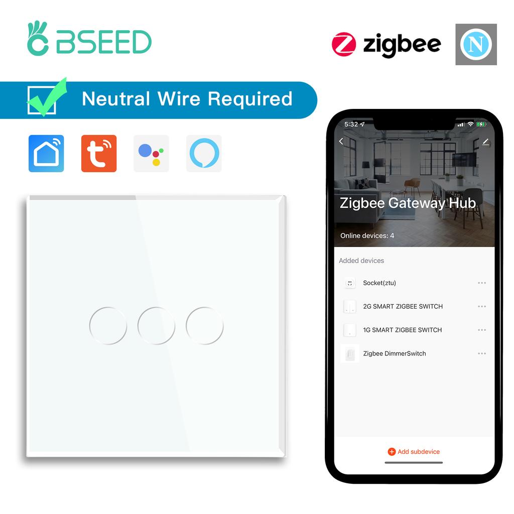 BSEED Zigbee 1/2/3Gang Touch Switches 1/2/3Way Tuya Smart Life App Control With UK Sockets Glass Panel Neutral Version White