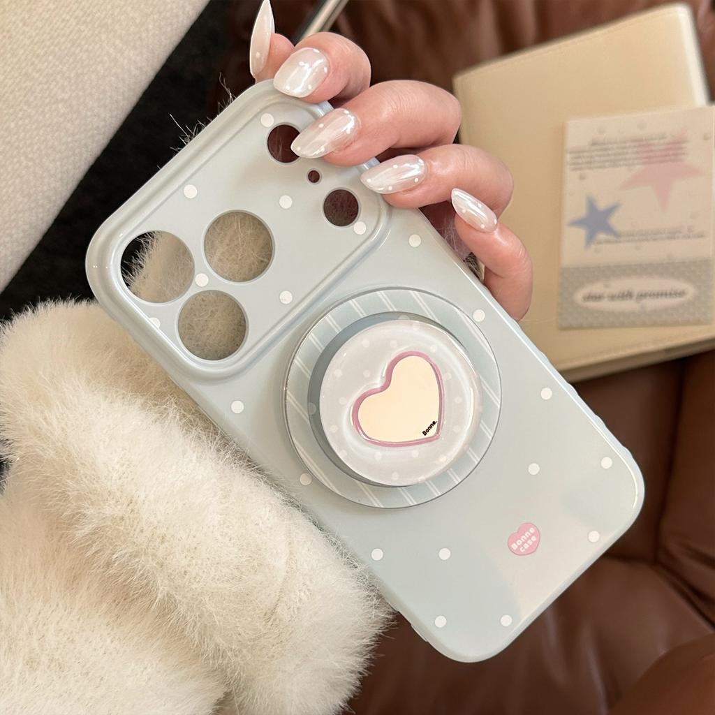 Cream polka dot Apple 17 Promax phone case iPhone 16 heart-shaped mirror magnetic suction support