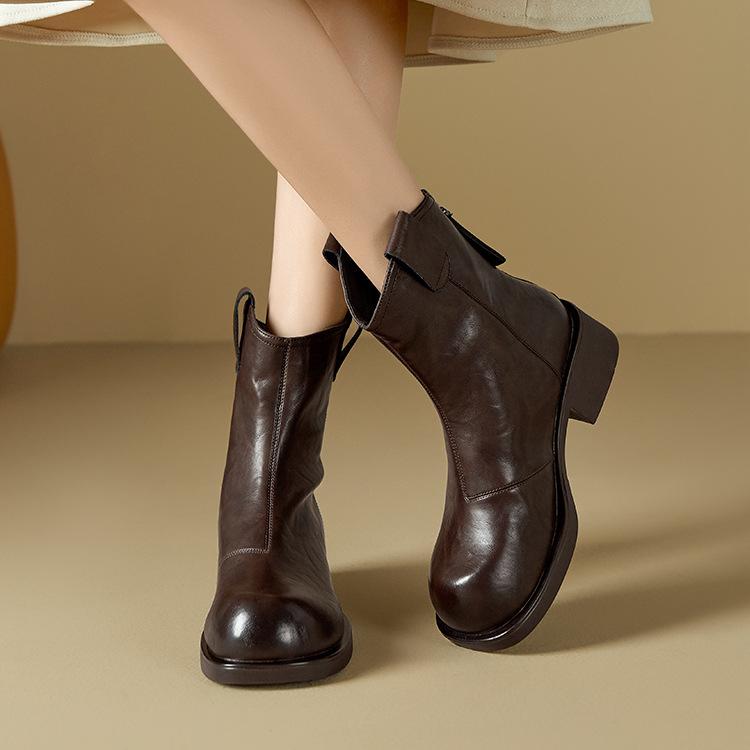 

Кожаные ботинки Мартин из коровьей кожи женские новые осенне-зимние в британском стиле повседневные универсальные на толстом каблуке средней высоты с задней молнией короткие ботинки 40