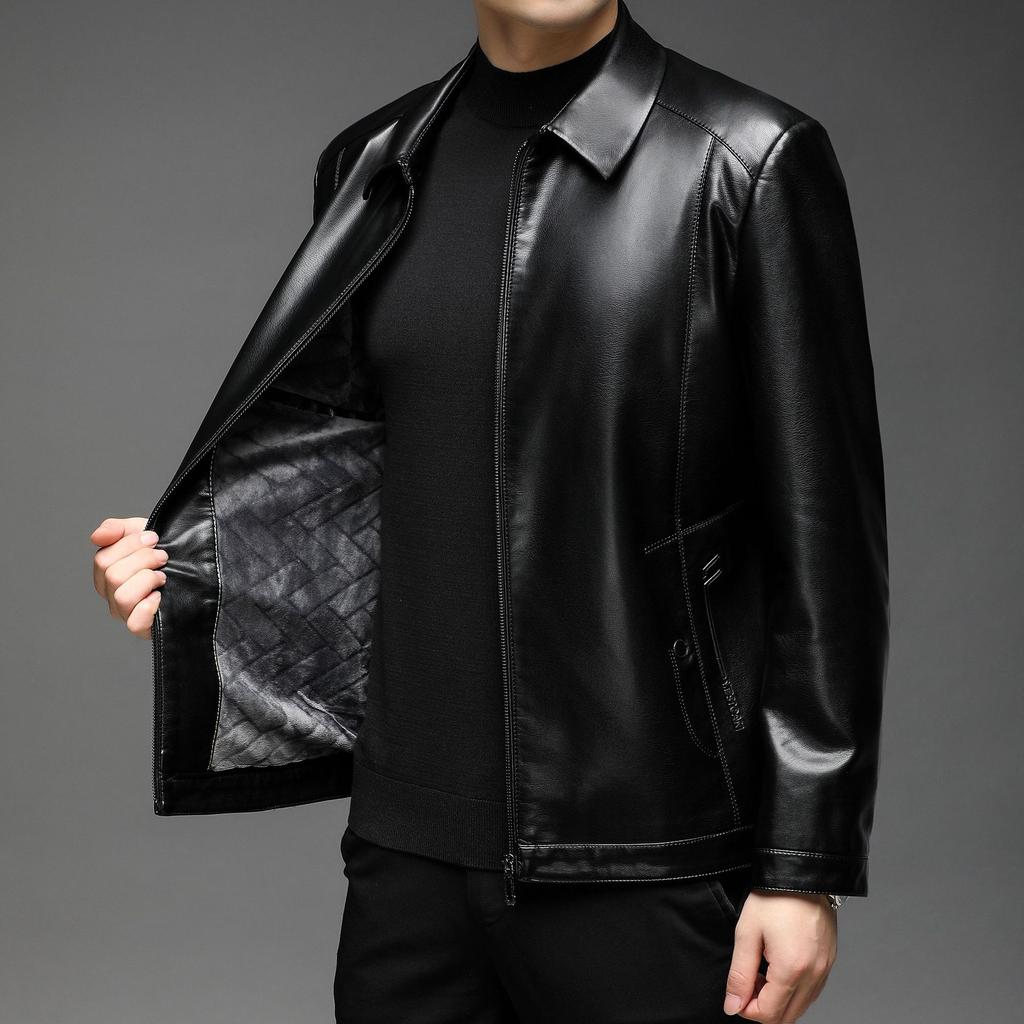 New Men's Lapel Leather Jacket Middle-aged Men's Business Casual Zipper PU Leather Jacket