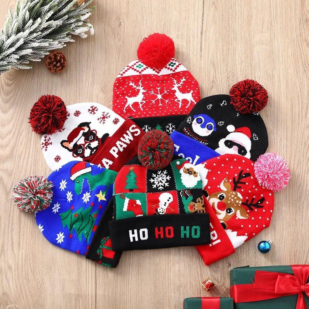 Christmas Themed Light Up Beanie with LED Lights Xmas Gift for Kids Adult
