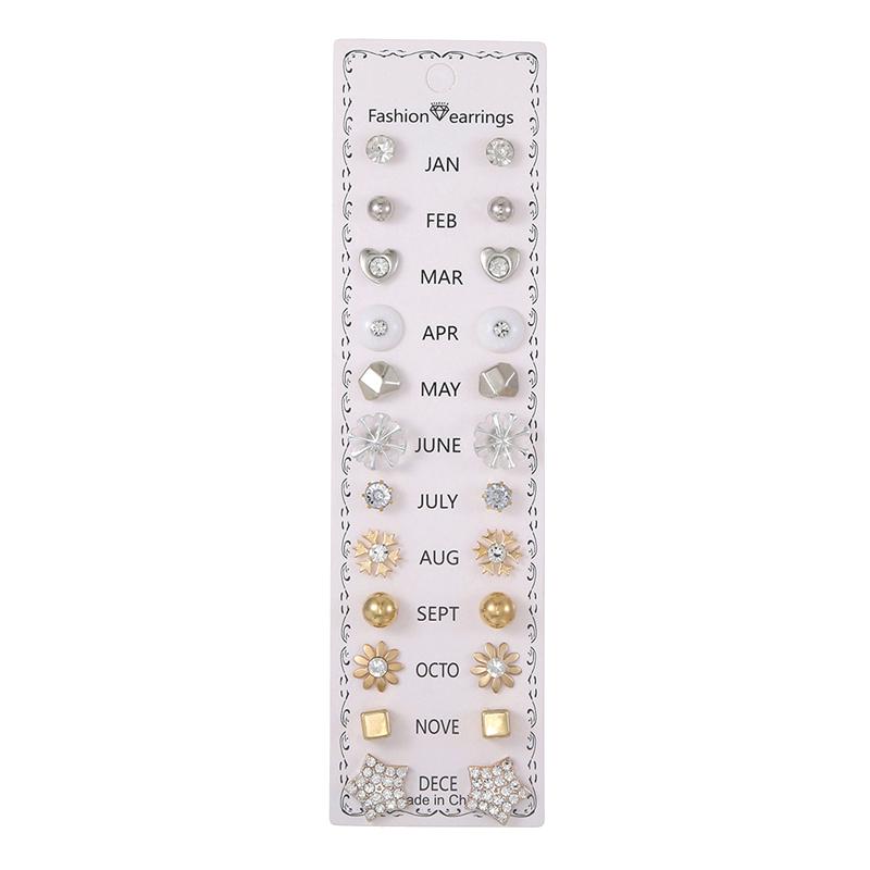 12 Floral Diamond Earrings Set Combination Stud Earrings Set A Variety Of Alloy Stud Earrings