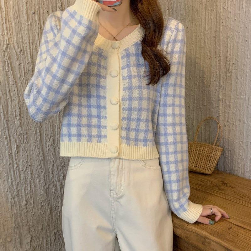 Spring slim checkerboard short small plaid knitted sweater women's top with cardigan inside small coat