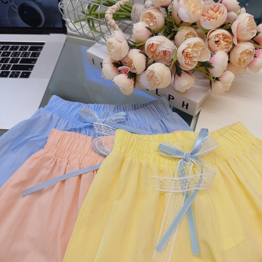 Girls' Korean Style Summer Wide-Leg Cotton Pants with Lace Trim