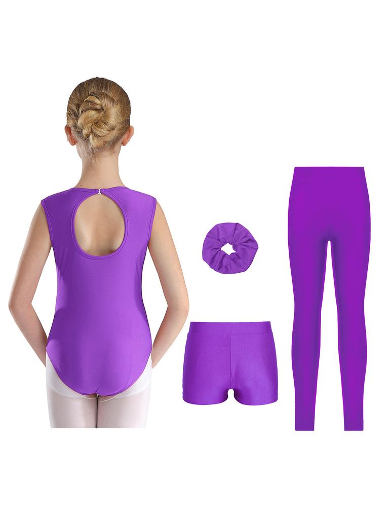 Complete 4Pcs Performance Set for Girls Keyhole Back Rhinestone Leotard with V-front Shorts & Headwear