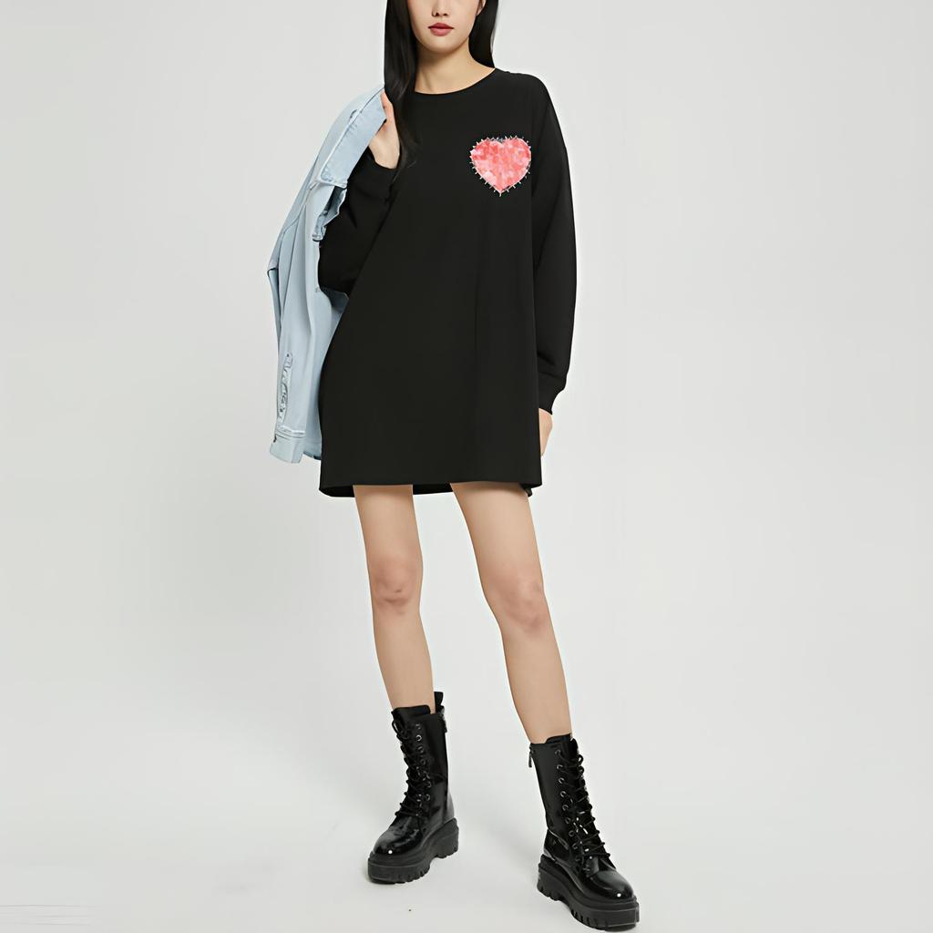 Calvin Klein Cotton Heart Letter Print Long Sleeve Dress Women Dresses Black J218677-BEH