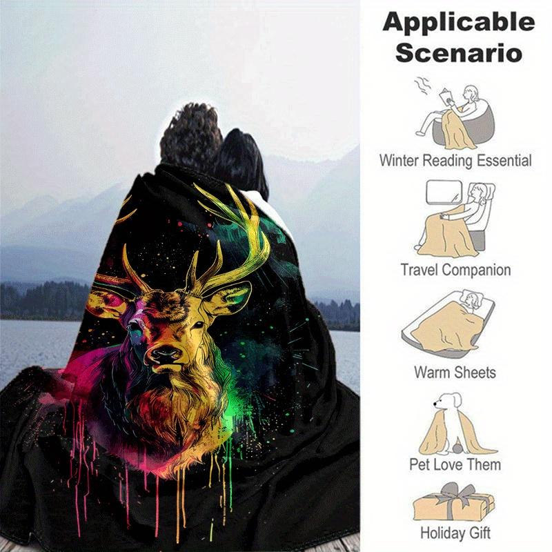 1pc Colored Deer Printing Lightweight Flannel Blanket, Comfortable and Warm Blanket, for Camping Sofa Bed and Couch Office, Gift