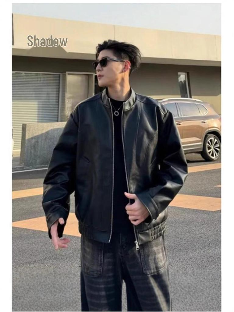 Men's Trendy PU Leather Motorcycle Jacket - Cool Half-High Collar, Casual Spring/Autumn Style