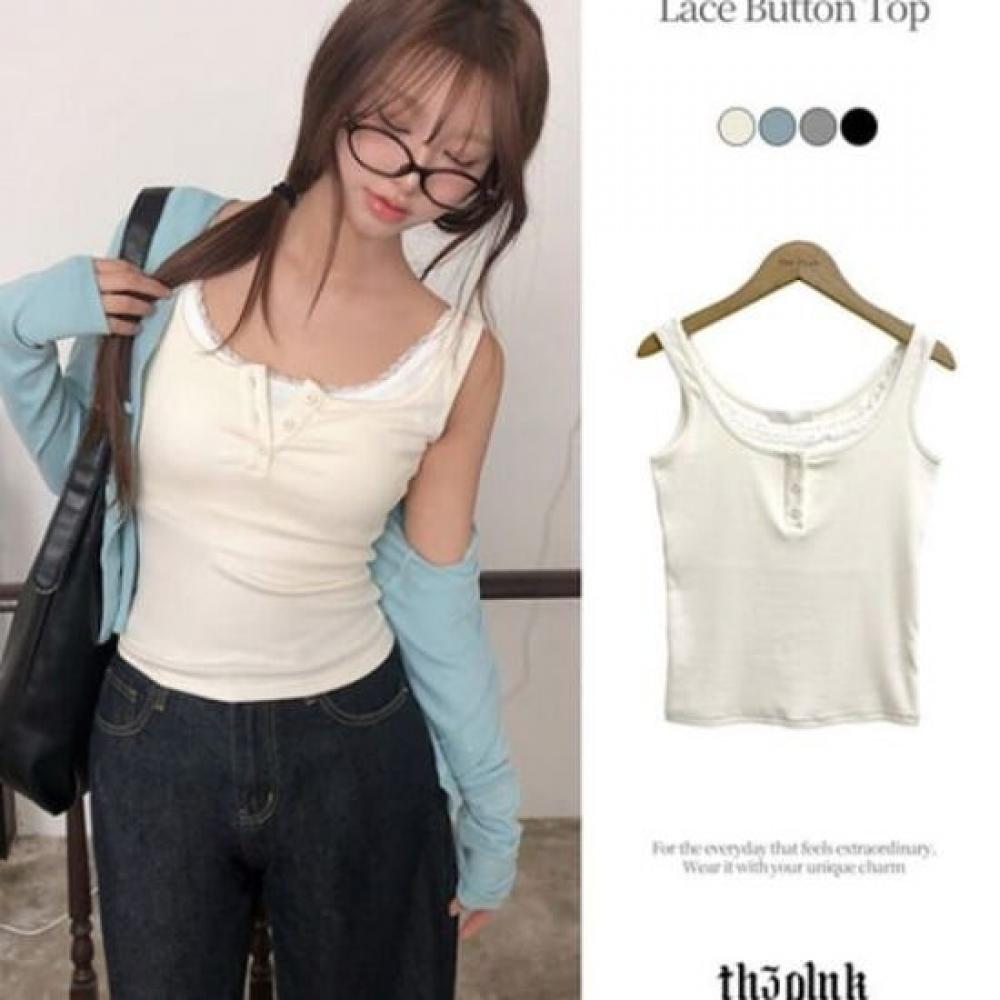The Pink Women Slim Fit Layered Lace Button Sleeveless