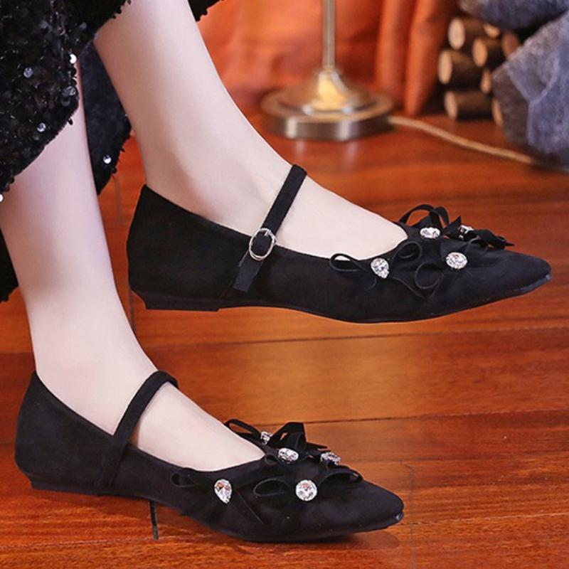 Fashion 2025 Spring and Autumn New Rhinestone Temperament Pointed Toe Low-heeled Mary Jane Shoes French Women's Singles Shoes