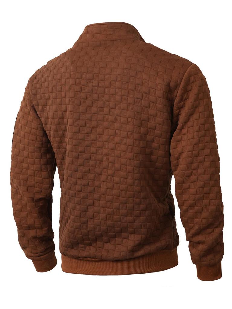 European & American Men's Quilted Knit Pullover: Casual Waffle Check Jacquard Zipper Stand Collar Hoodie