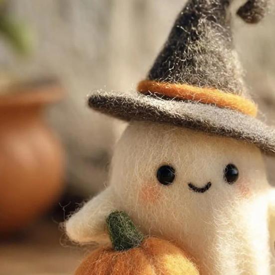Handmade Felt Halloween Ghost Pumpkin with Wizard Hat Wool Felted Ghost Ornament for Halloween Home Shelf Desk Decor