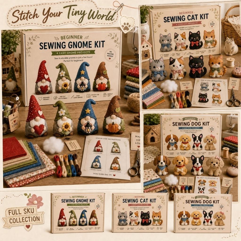Kit da Cucito per Principianti Gnomo 4 Facili Progetti a Mano Tessuto in Feltro Pretagliato Guida Passo Passo Non Serve la Macchina Giocattoli Peluche Miniatura Fai da Te