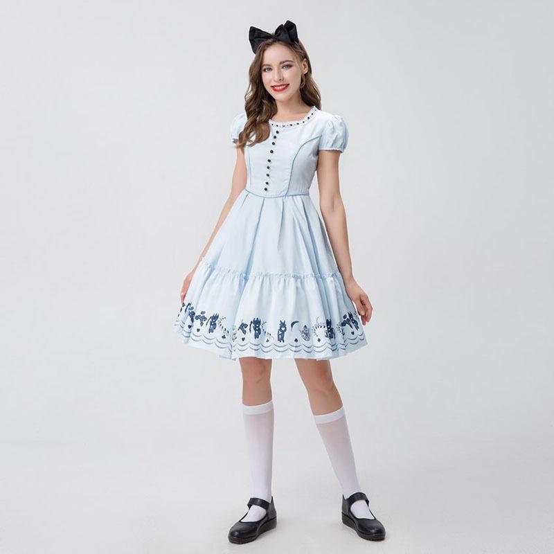 Cosplay Halloween, Alice's Dream Wonderland, Japanese cute maid dress cos dress blue and white, short-sleeved princess dress
