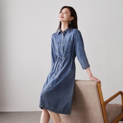 Waist Tied Denim Dress for 2026 Spring and Autumn Fashion, Versatile and Slimming, Mid Length Skirt