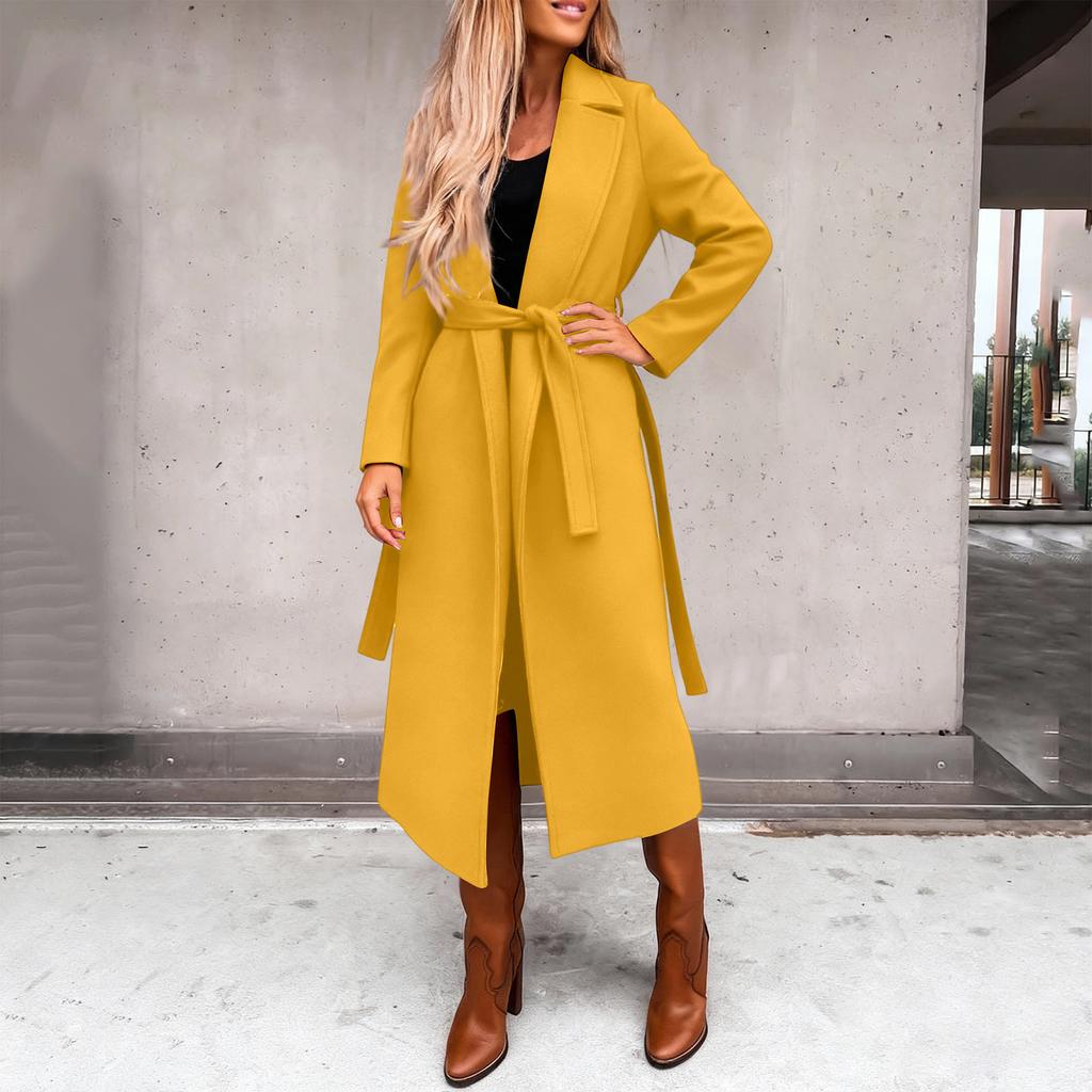 Damen Casual Mode Einfarbig Langärmlig V-Ausschnitt Bindegürtel Langer Wollmantel